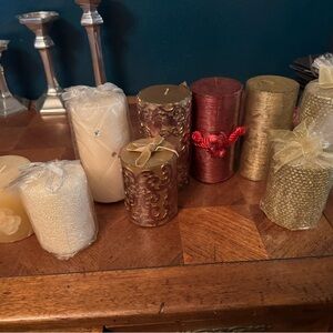 Elegant Assorted Candle Set - Gold, Red, Cream (9 candles) UNUSED- in plastic